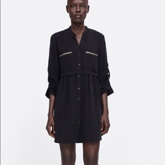 Zara Embellished Pocket‎ Black Button Down Shirt Dress in Black Size Small - Picture 1 of 4